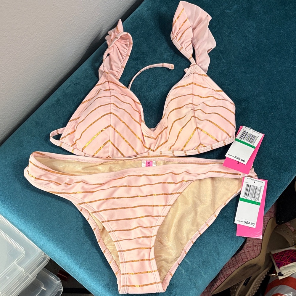 New with Tags Betsy Johnson Pink and Gold Striped Bikini Set